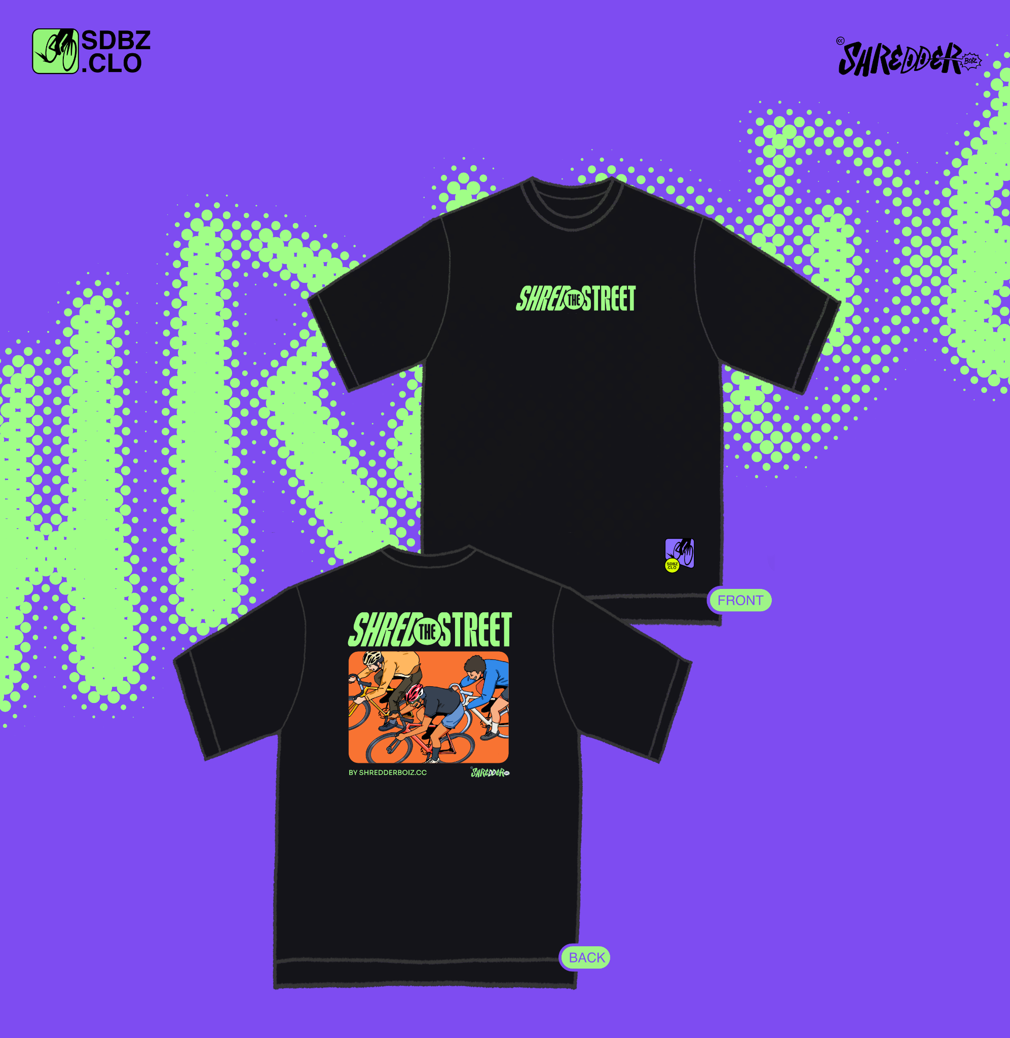 Tampak depan dan belakang kaos Shred The Street