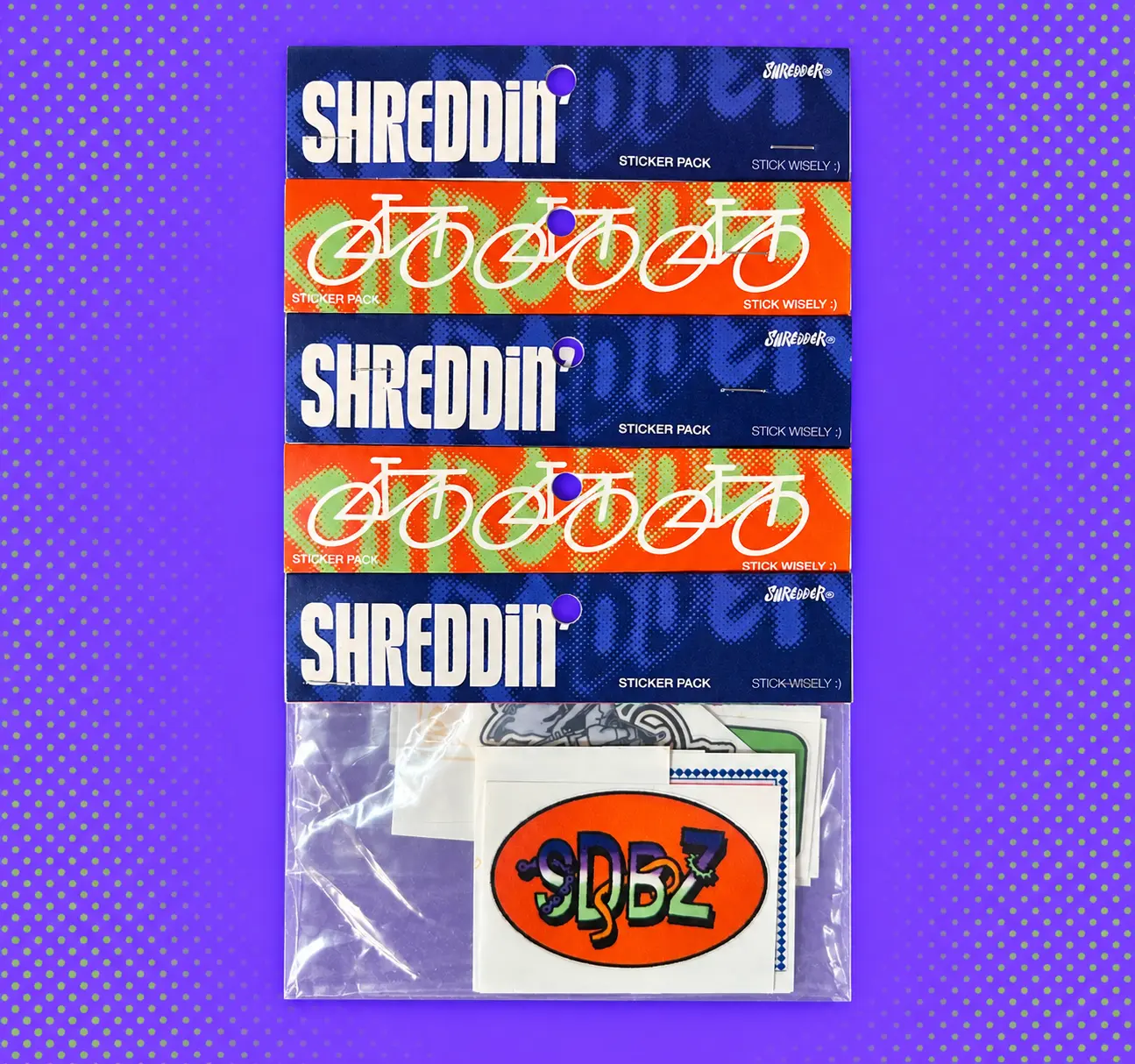 Paket stiker SHREDDIN' SDBZ dengan kemasan biru dan oranye